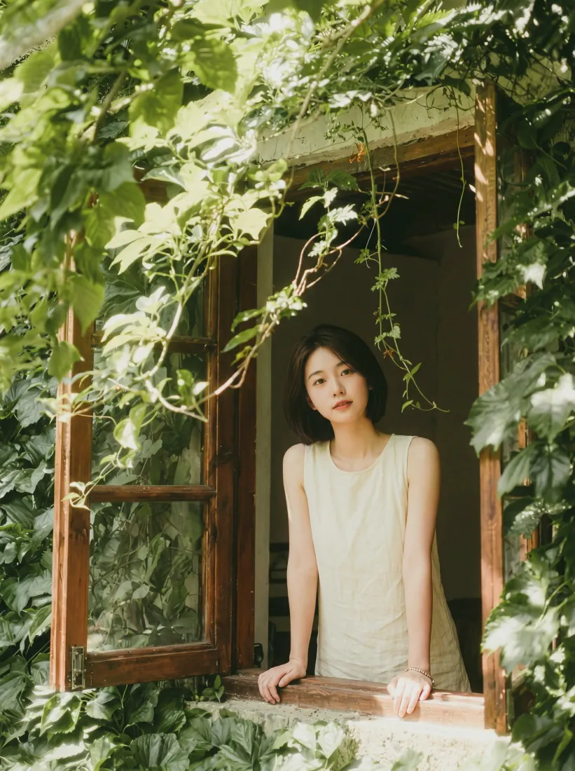 清新夏天手机壁纸｜藤蔓绿植背景图片 - 短发少女「哲风壁纸」
