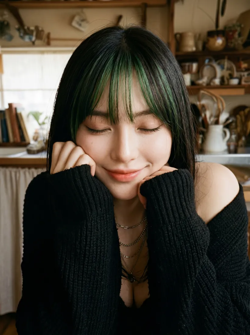 黑发挑染少女手机壁纸｜居家背景图片 - 温柔慵懒「哲风壁纸」