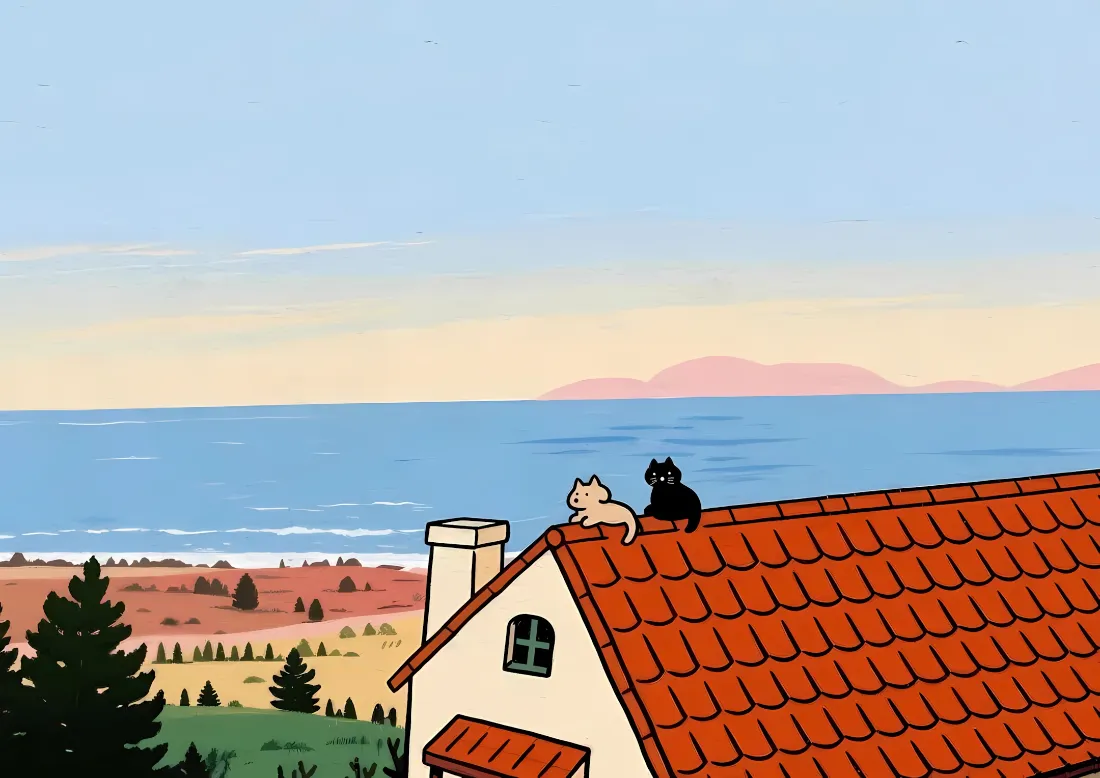 2k卡通猫咪壁纸｜海边风景背景图片 - 屋顶看海「哲风壁纸」