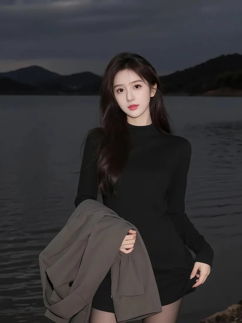 黑衣美女手机壁纸｜湖边暮色背景图片 - 氛围感「哲风壁纸」