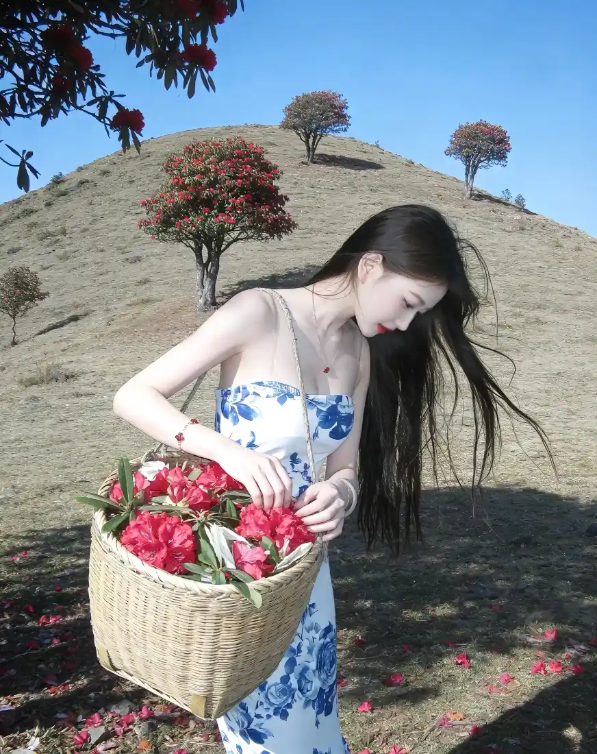 长发美女手机壁纸｜户外草坡背景图片 - 红花花篮「哲风壁纸」