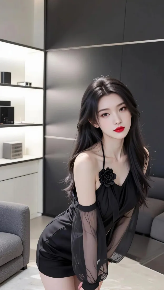 黑衣御姐手机壁纸｜轻奢室内背景图片 - 红唇美女「哲风壁纸」