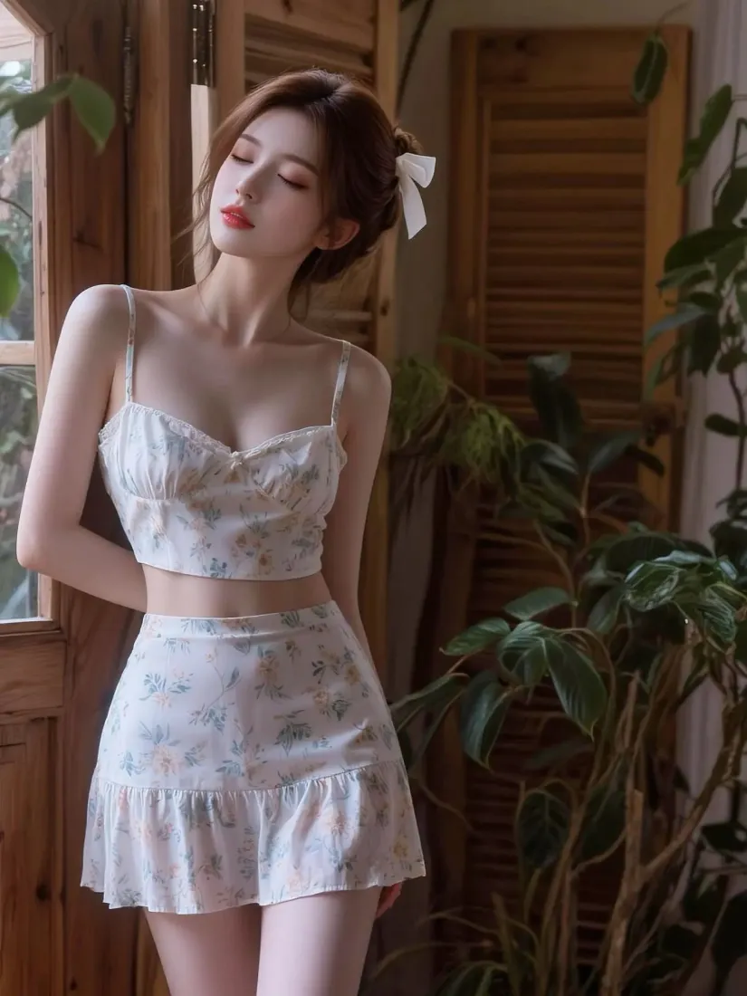 气质美女手机壁纸｜室内背景图片 - 清新碎花穿搭「哲风壁纸」