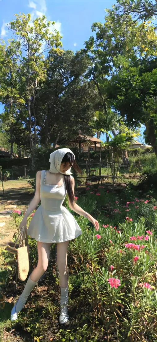 白衣美女手机壁纸｜户外背景图片 - 草地花丛「哲风壁纸」