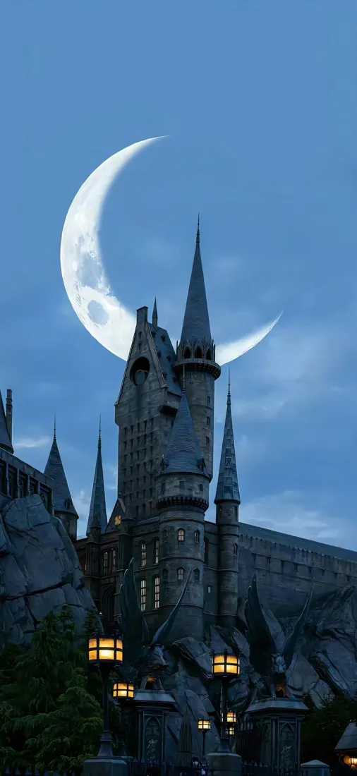 霍格沃茨手机壁纸｜月牙背景图片 - 城堡夜景「哲风壁纸」