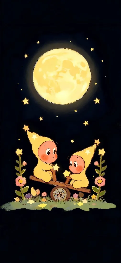 星星人手机壁纸｜泡泡玛特背景图片 - 月夜跷跷板「哲风壁纸」