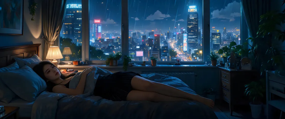 3k独居女孩都市夜景壁纸｜高清背景图片 - 静谧卧室「哲风壁纸」