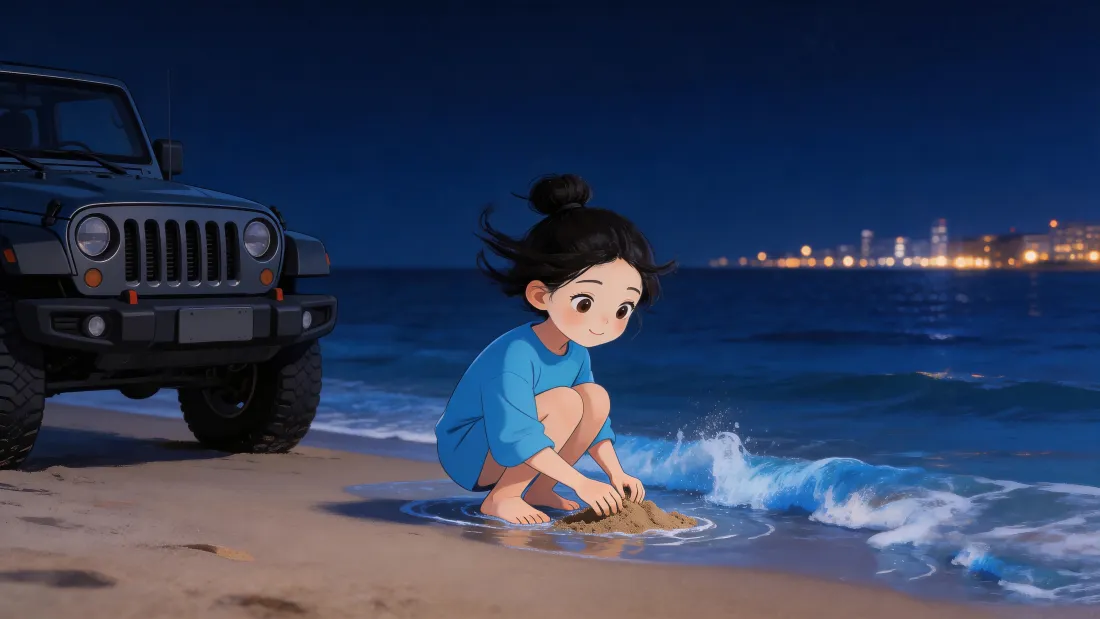 4k沙滩玩沙女孩壁纸｜高清背景图片 - 夜晚海边Jeep越野车「哲风壁纸」