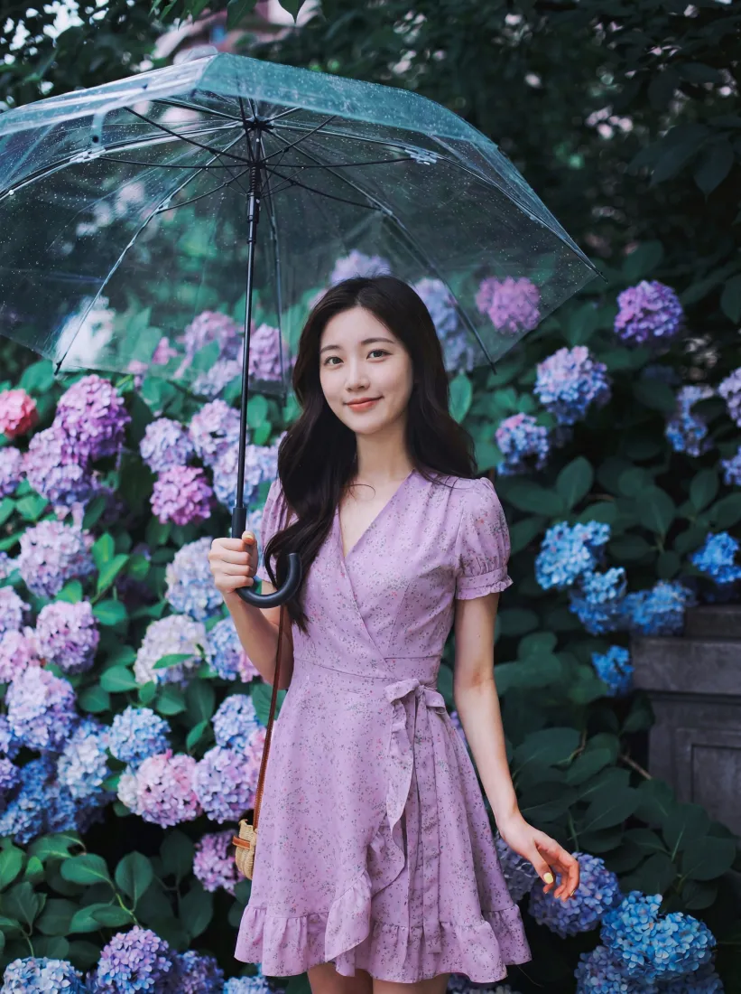 紫裙女生手机壁纸｜雨天花墙背景图片 - 绣球花「哲风壁纸」