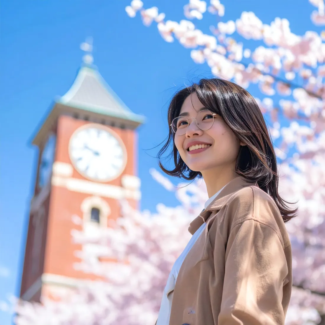 樱花手机壁纸｜街头背景图片 - 晴空少女钟塔「哲风壁纸」