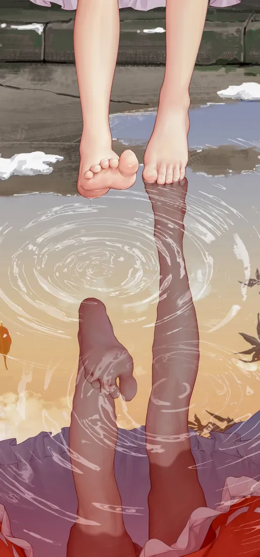 二次元美腿手机壁纸｜积水倒影背景图片 - 创意视觉错觉「哲风壁纸」