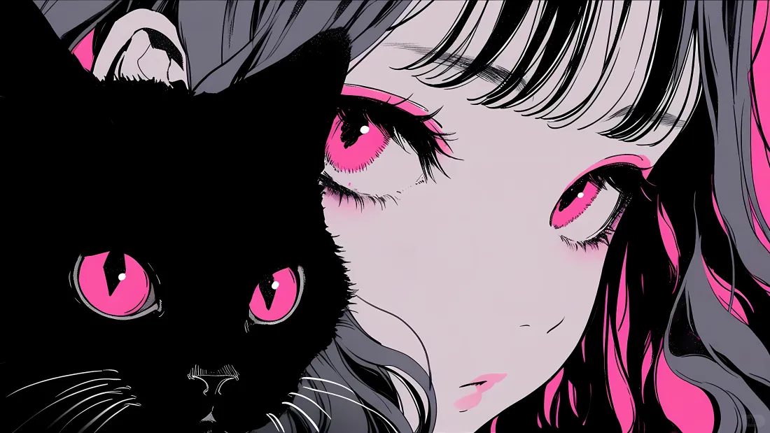 4k粉瞳女孩壁纸｜黑猫背景图片 - 暗黑二次元「哲风壁纸」