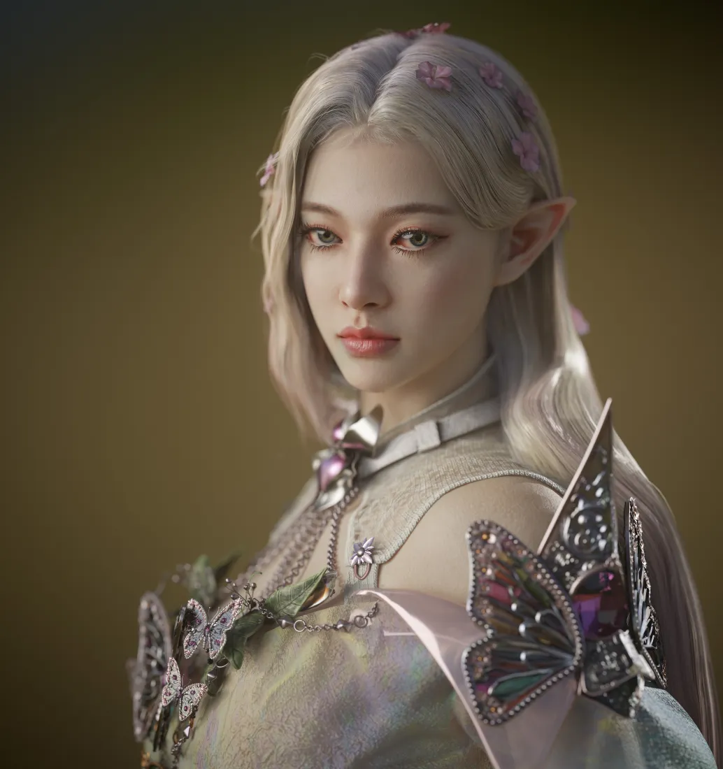 精灵少女手机壁纸｜银色背景图片 - 蝴蝶装饰「哲风壁纸」