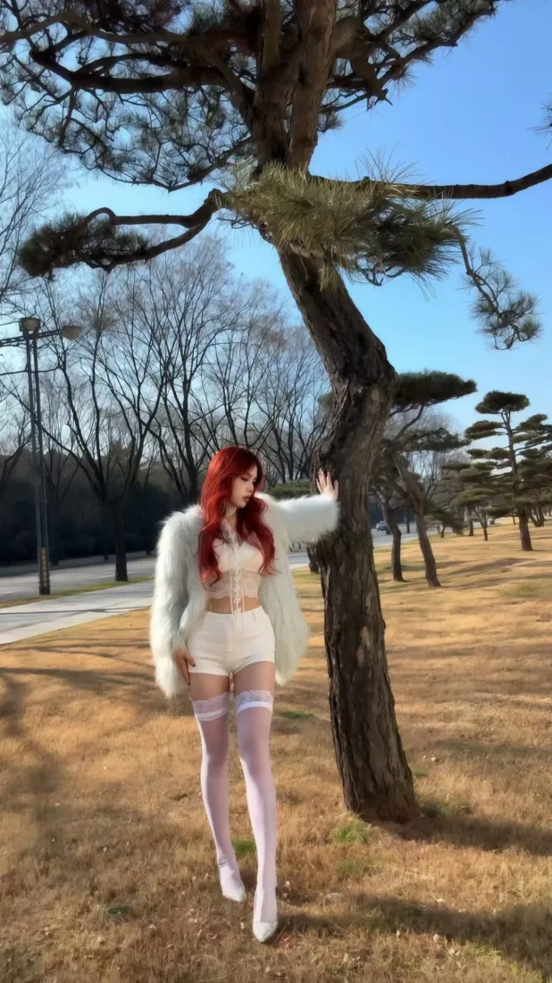 红发御姐手机壁纸｜户外背景图片 - 白丝穿搭「哲风壁纸」