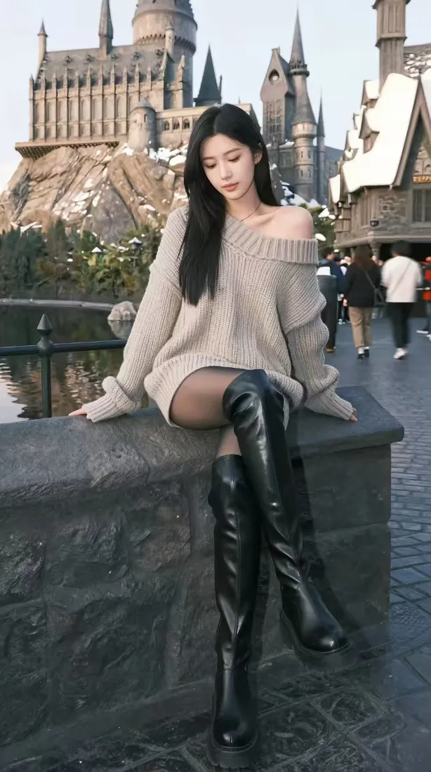 长发美女手机壁纸｜出游背景图片 - 黑丝长靴「哲风壁纸」