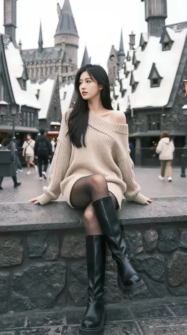 美女手机壁纸｜城堡背景图片 - 黑丝长靴「哲风壁纸」