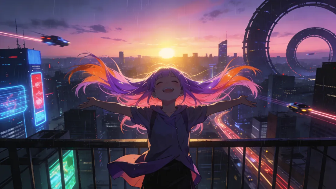 3k粉发少女壁纸｜赛博都市背景图片 - 日落黄昏「哲风壁纸」