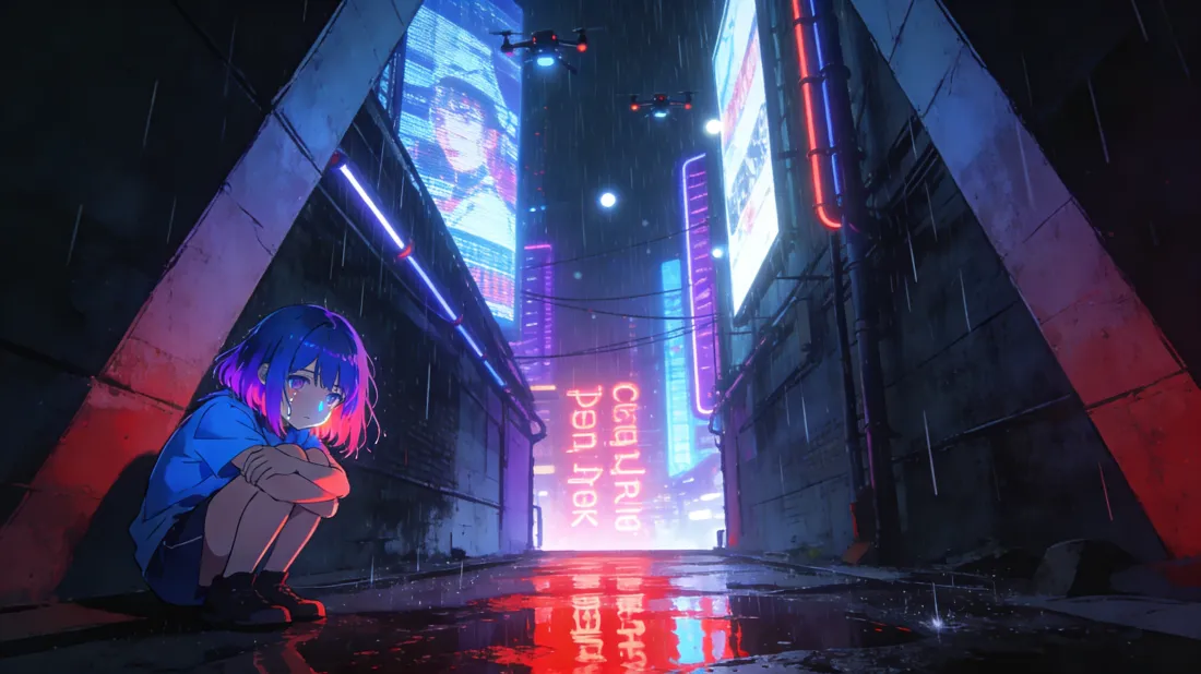 3k赛博朋克壁纸｜雨夜背景图片 - 紫发少女「哲风壁纸」