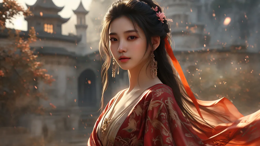 3k红衣古装美女壁纸｜古风建筑背景图片 - 暖调氛围「哲风壁纸」