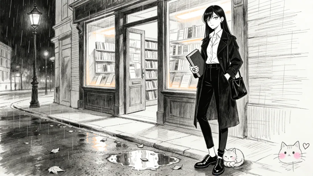 3k高冷女生壁纸｜雨夜街道背景图片 - 黑白手绘「哲风壁纸」