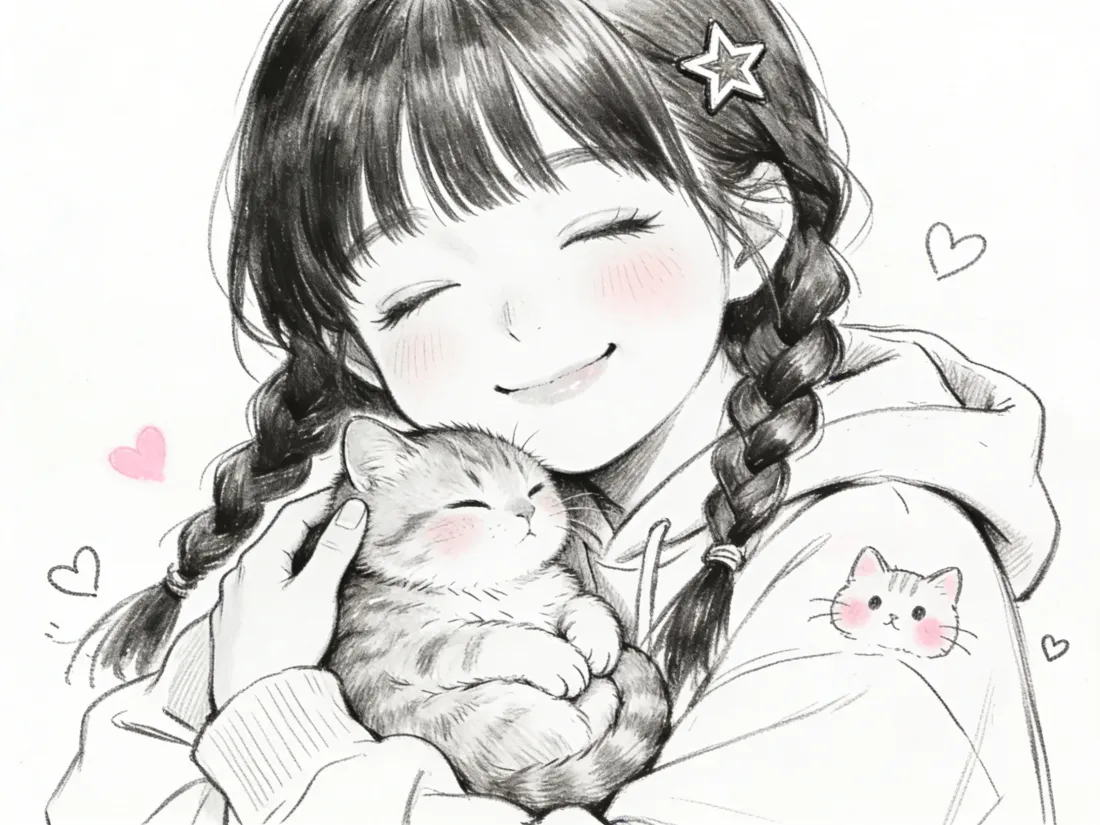 2k黑白速写壁纸｜温馨背景图片 - 女孩抱猫「哲风壁纸」