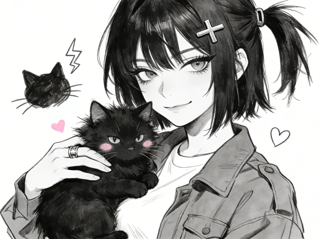 2k酷女孩黑猫壁纸｜简约手绘背景图片 - 甜酷风格「哲风壁纸」