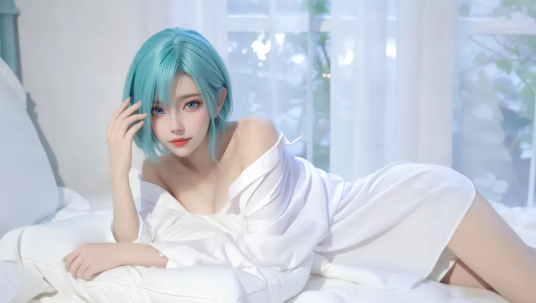 6k蓝发性感美女壁纸｜居家背景图片 - 清凉室内写真「哲风壁纸」