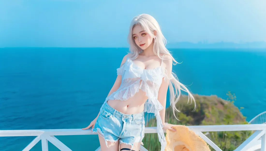 6k白发美女壁纸｜海边背景图片 - 性感美女「哲风壁纸」