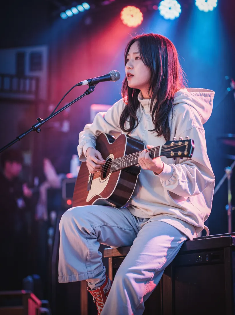民谣女歌手手机壁纸｜舞台背景图片 - 现场弹唱「哲风壁纸」