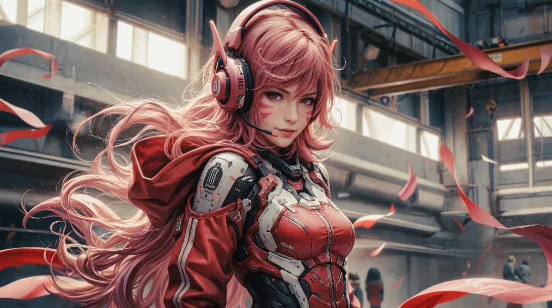6k粉发红衣机娘壁纸｜工业背景图片 - AI二次元少女「哲风壁纸」