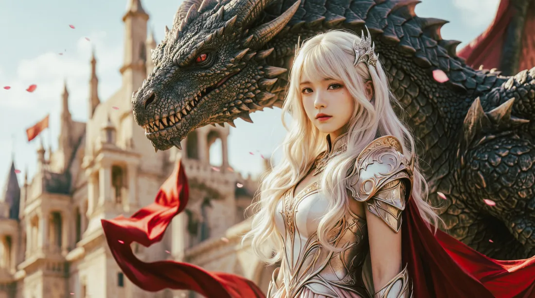 6k黑龙壁纸｜城堡背景图片 - 银发女战士「哲风壁纸」