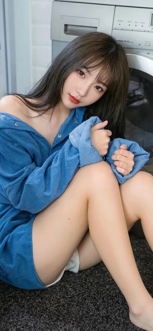 长发美女手机壁纸｜蓝色衬衫背景图片 - 居家人像「哲风壁纸」