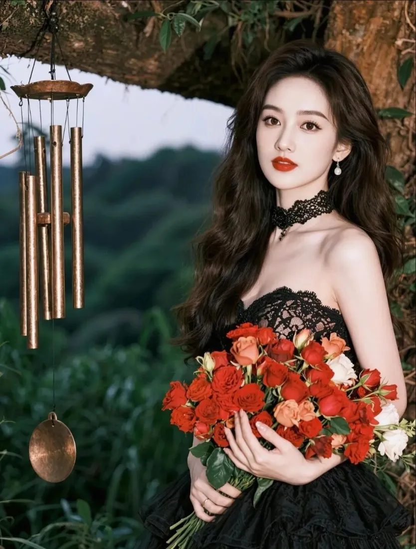 黑裙美女手机壁纸｜山林户外背景图片 - 红玫瑰手捧花「哲风壁纸」