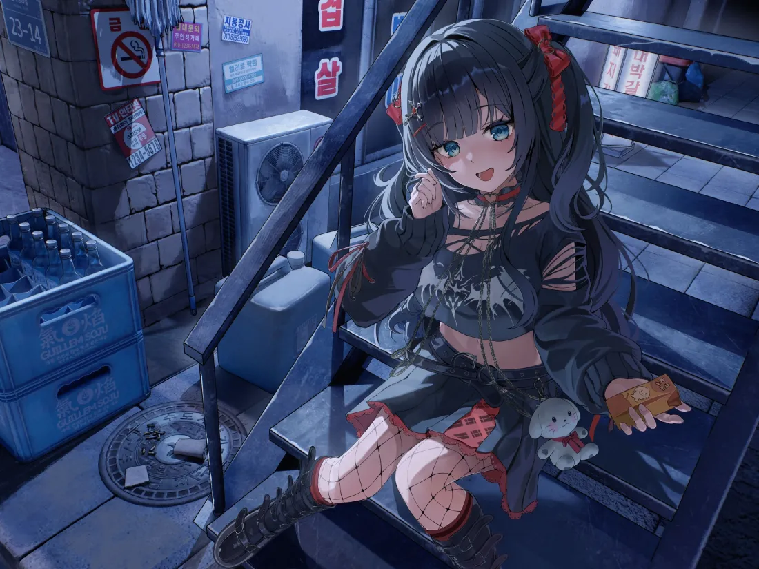 3k黑发双马尾少女壁纸｜街头楼梯背景图片 - 暗黑动漫风「哲风壁纸」