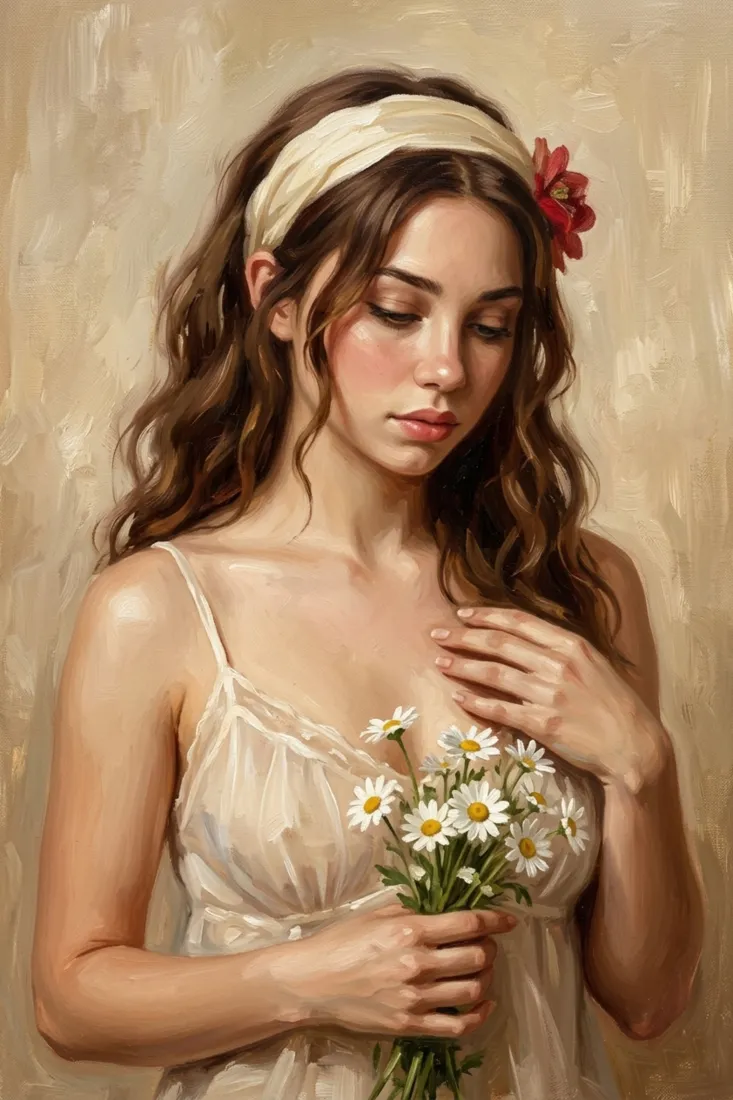 油画人像手机壁纸｜复古背景图片 - 少女与花「哲风壁纸」