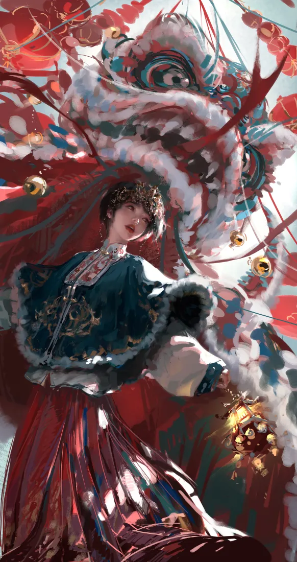 醒狮手机壁纸｜新年背景图片 - 国风汉服少女「哲风壁纸」