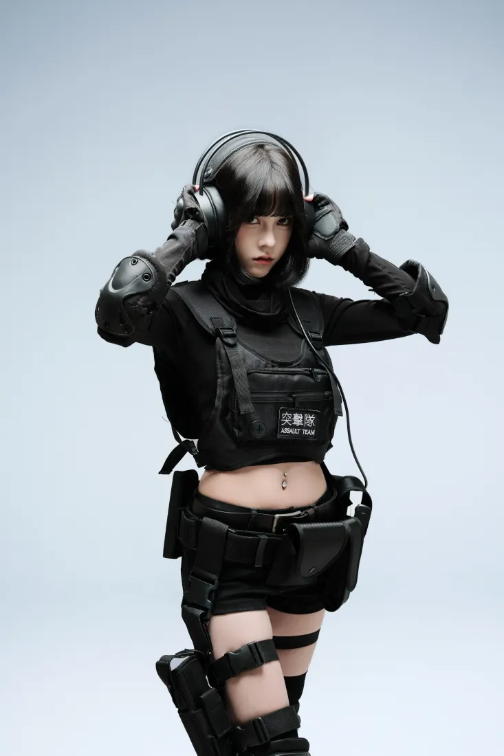 酷飒战术女警手机壁纸｜浅蓝背景图片 - 暗黑风cos「哲风壁纸」