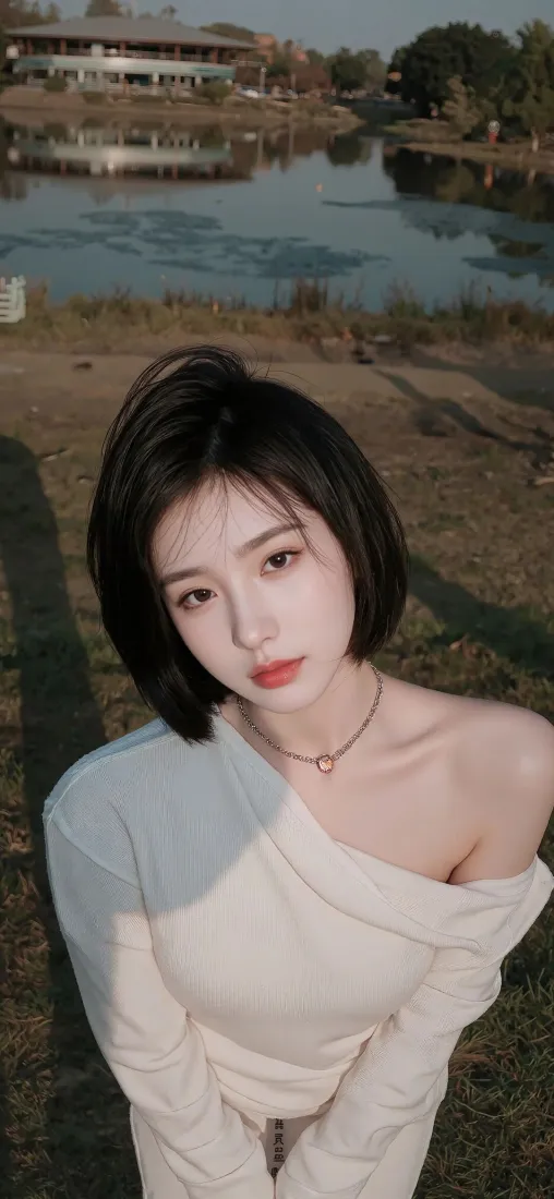 短发美女手机壁纸｜户外河畔背景图片 - 清新日常人像「哲风壁纸」