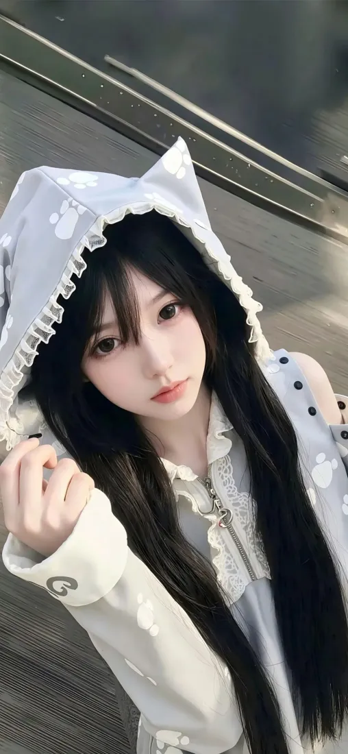 猫耳美女手机壁纸｜日常街拍背景图片 - 软萌黑发「哲风壁纸」