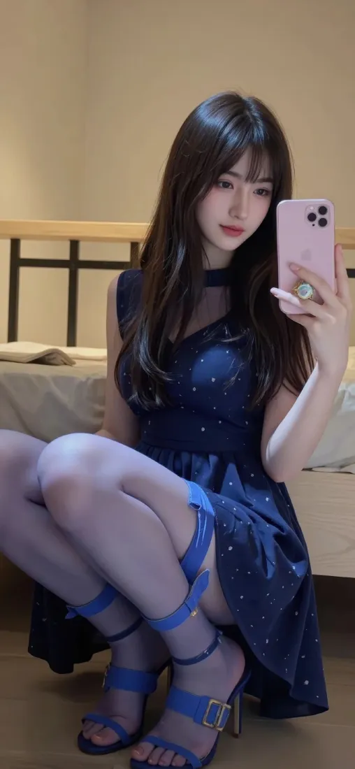 蓝衣美女手机壁纸｜对镜自拍背景图片 - 气质女神「哲风壁纸」