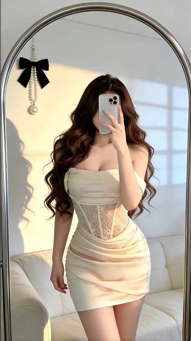 奶油裙美女手机壁纸｜室内背景图片 - 对镜自拍「哲风壁纸」