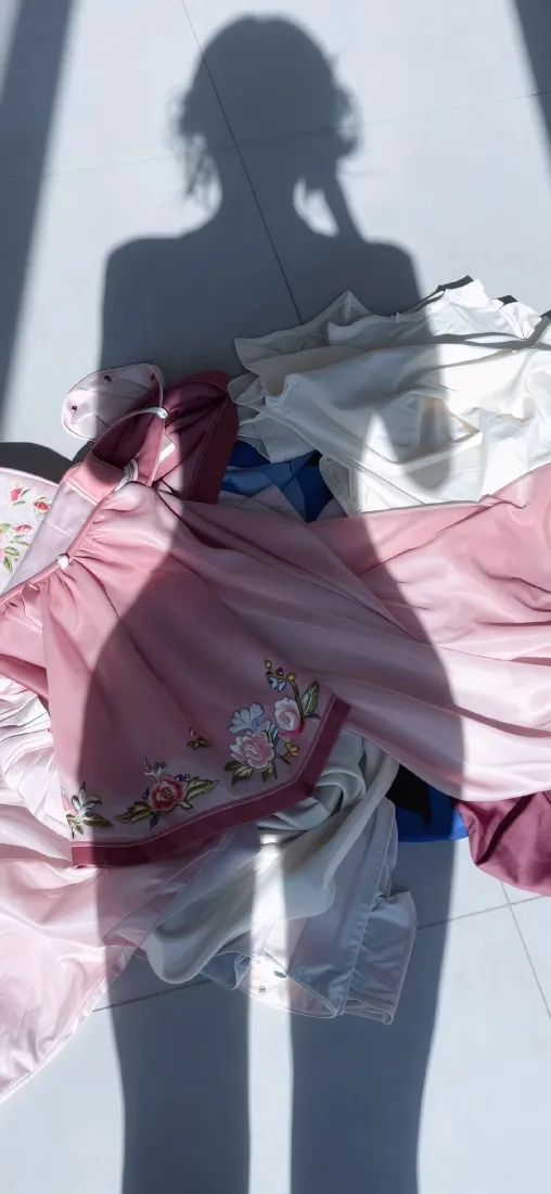 女生影子手机壁纸｜光影背景图片 - 粉色绣花衣物「哲风壁纸」