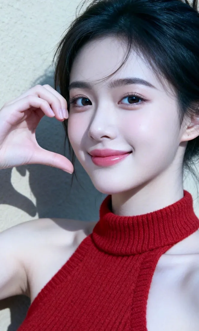 红衣美女手机壁纸｜简约纯色背景图片 - 比心「哲风壁纸」