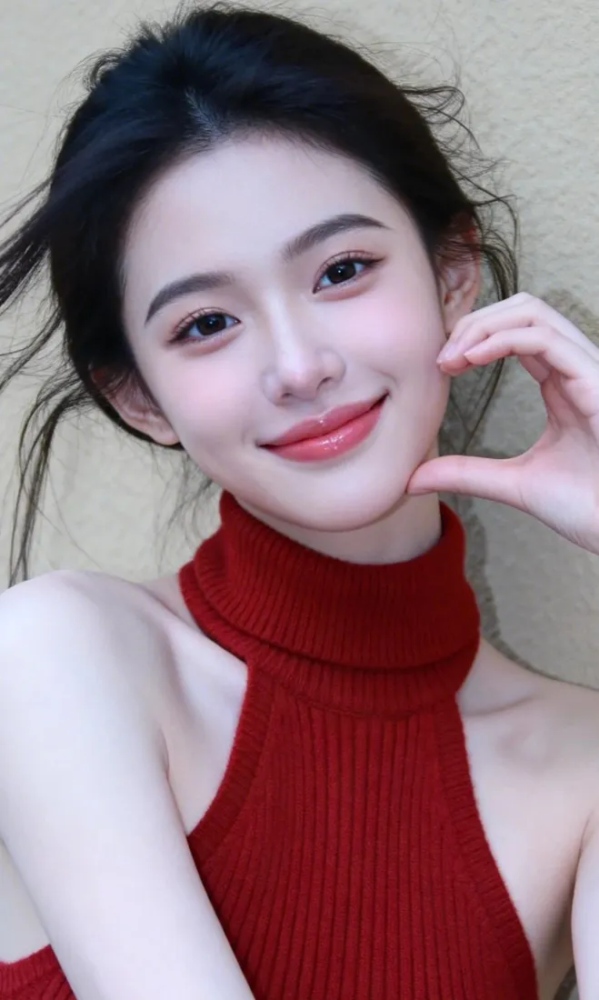 红衣气质美女手机壁纸｜浅色背景图片 - 元气甜妹「哲风壁纸」