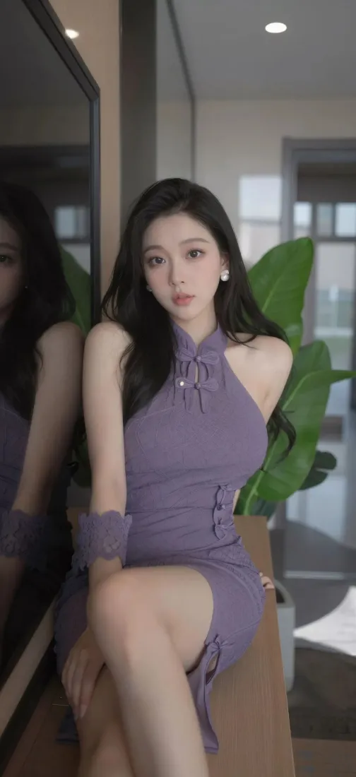 紫裙美女手机壁纸｜室内背景图片 - 长发气质御姐「哲风壁纸」