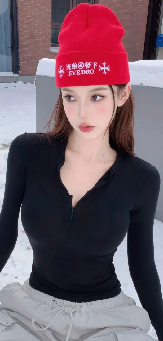 红色针织帽美女手机壁纸｜冬日街头户外背景图片 - iOS「哲风壁纸」