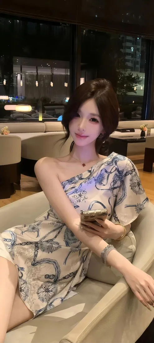 气质美女手机壁纸｜休闲餐厅背景图片 - 斜肩印花裙「哲风壁纸」