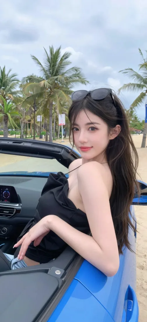 长发美女手机壁纸｜海边背景图片 - 蓝色敞篷车「哲风壁纸」