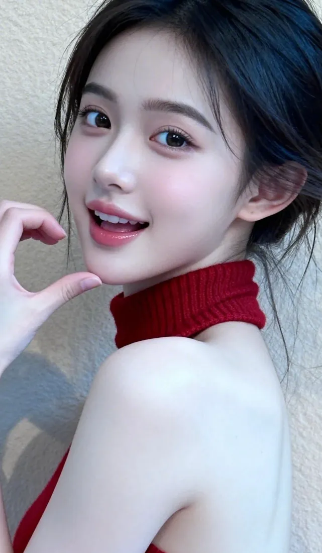 红衣美女手机壁纸｜iOS背景图片 - 清纯比心「哲风壁纸」