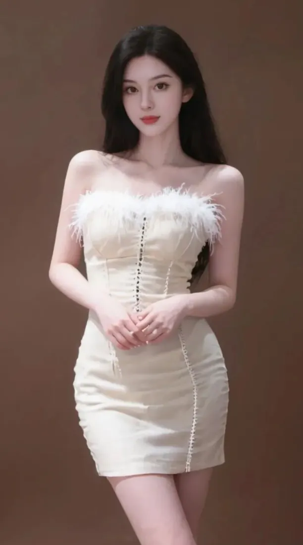 气质美女手机壁纸｜棕色背景图片 - 修身包臀裙「哲风壁纸」